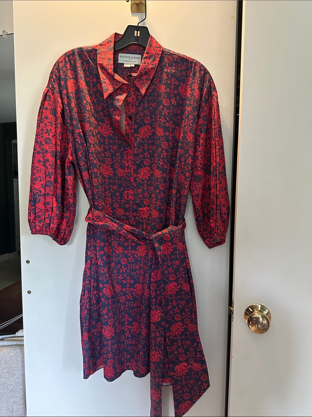 Sachin + Babi Navy and Red Floral Shirt Dress with Waist Tie